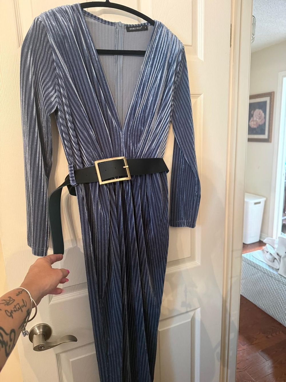 Deep V-Neck Blue Velvet Pleated Dress with Belt